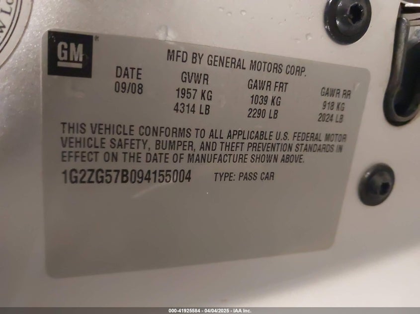 2009 PONTIAC G6 VIN: 1G2ZG57B094155004
