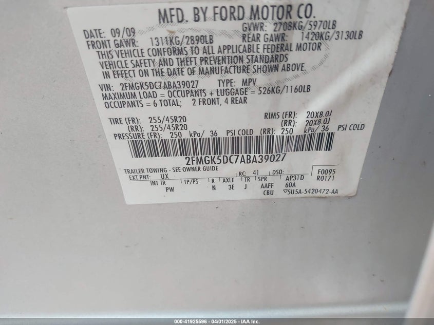 2010 FORD FLEX VIN: 2FMGK5DC7ABA39027