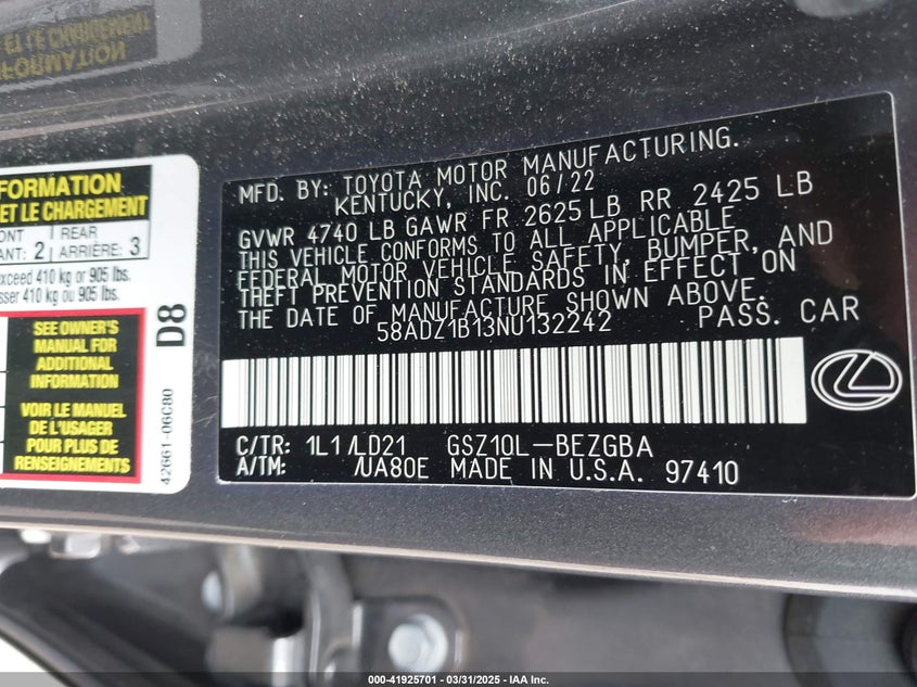 2022 LEXUS ES 350 - 58ADZ1B13NU132242