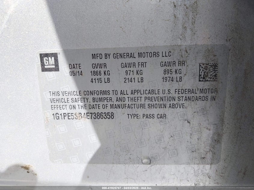 2014 CHEVROLET CRUZE VIN: 1G1PE5SB4E7386358