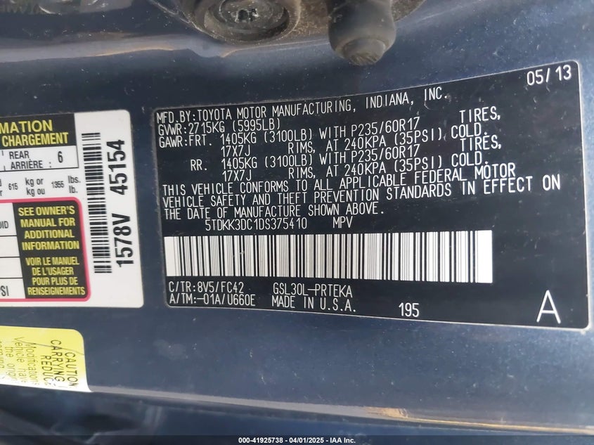 2013 TOYOTA SIENNA VIN: 5TDKK3DC1DS375410