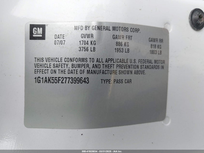 2007 CHEVROLET COBALT VIN: 1G1AK55F277399643