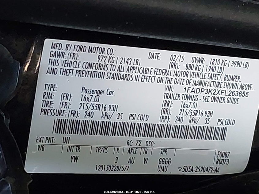 2015 Ford Focus Se VIN: 1FADP3K2XFL263655 Lot: 41925854