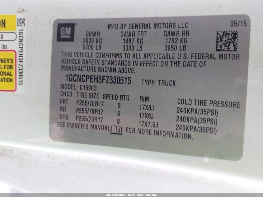 2015 CHEVROLET SILVERADO 1500 WT - 1GCNCPEH3FZ330515