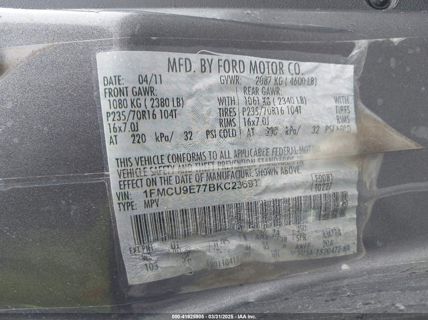 2011 FORD ESCAPE VIN: 1FMCU9E77BKC23697