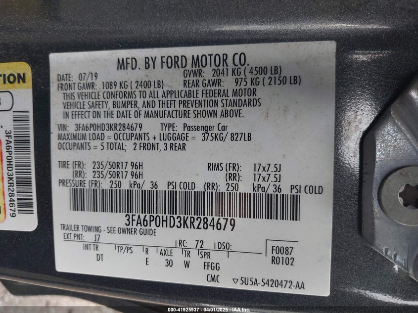 2019 FORD FUSION VIN: 3FA6P0HD3KR284679