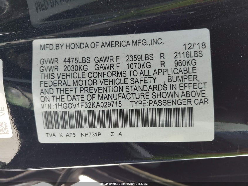 2019 HONDA ACCORD VIN: 1HGCV1F32KA029715
