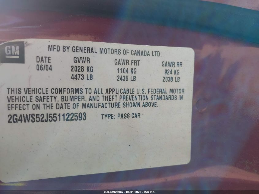 2005 Buick Century VIN: 2G4WS52J551122593 Lot: 41925987