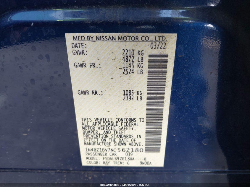 2022 NISSAN LEAF S PLUS 62 KWH - 1N4BZ1BV7NC562180