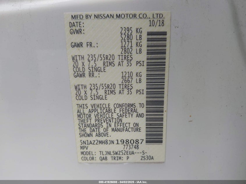 2018 NISSAN MURANO VIN: 5N1AZ2MH8JN198087