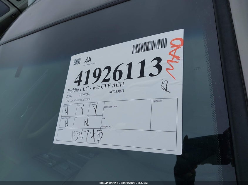2006 HONDA ACCORD VIN: 1HGCM66506A000138