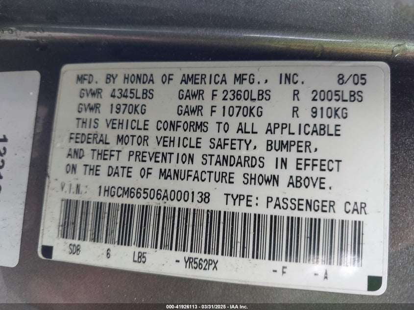 2006 HONDA ACCORD VIN: 1HGCM66506A000138