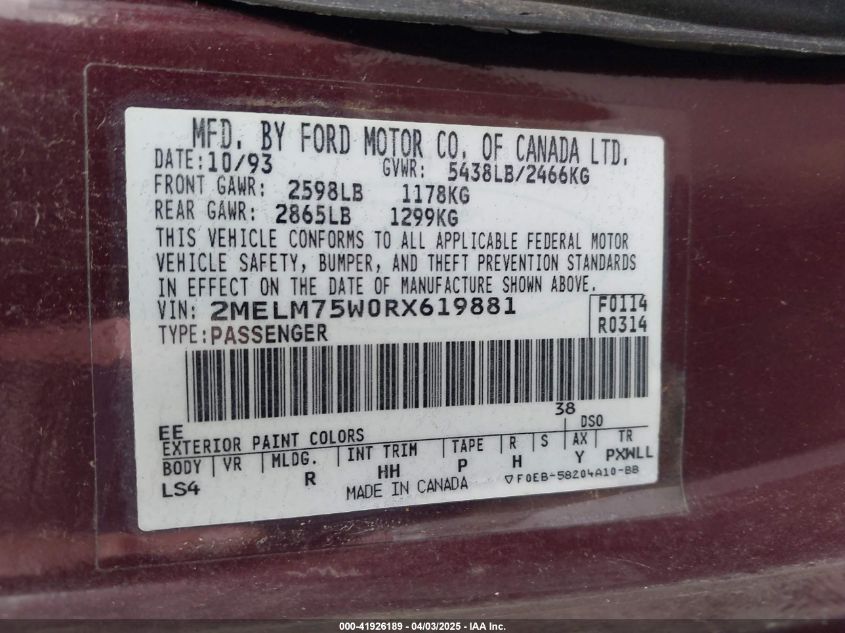 1994 Mercury Grand Marquis Ls VIN: 2MELM75W0RX619881 Lot: 41926189
