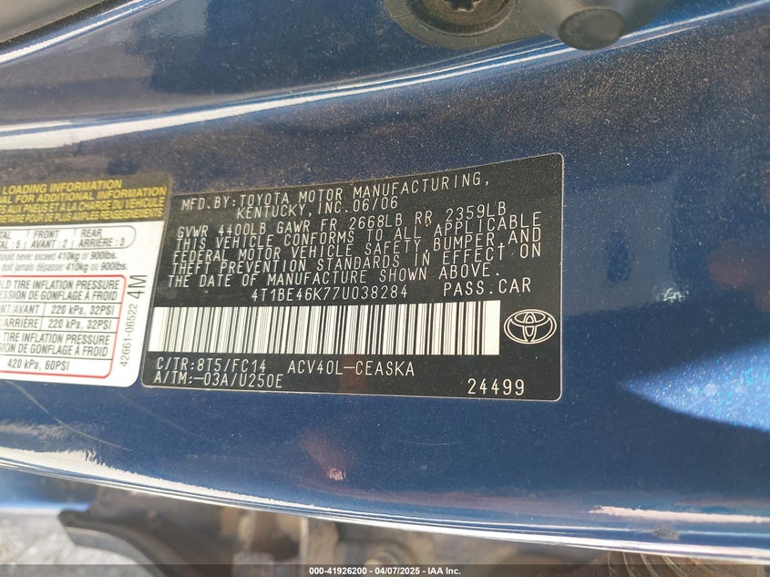 2007 TOYOTA CAMRY VIN: 4T1BE46K77U038284