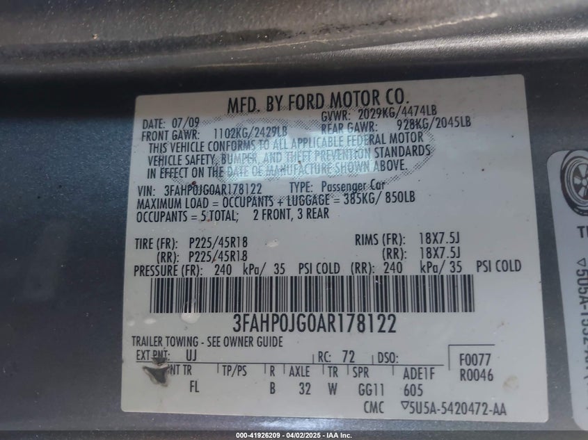 2010 FORD FUSION VIN: 3FAHP0JG0AR178122