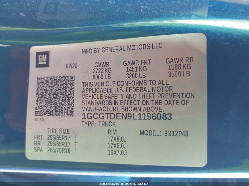 2020 CHEVROLET COLORADO VIN: 1GCGTDEN9L1196083