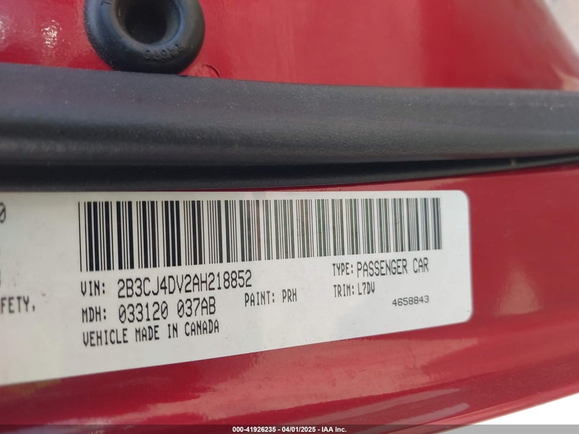 2010 DODGE CHALLENGER VIN: 2B3CJ4DV2AH218852