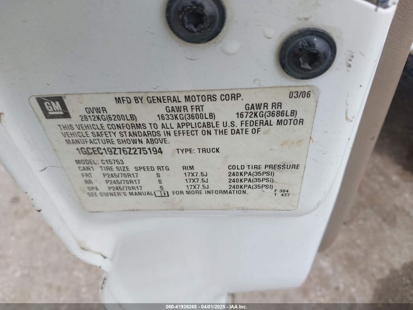 2006 Chevrolet Silverado 1500 Work Truck VIN: 1GCEC19Z76Z275194 Lot: 41926268