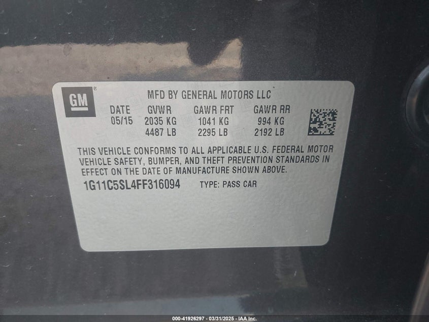 2015 CHEVROLET MALIBU VIN: 1G11C5SL4FF316094