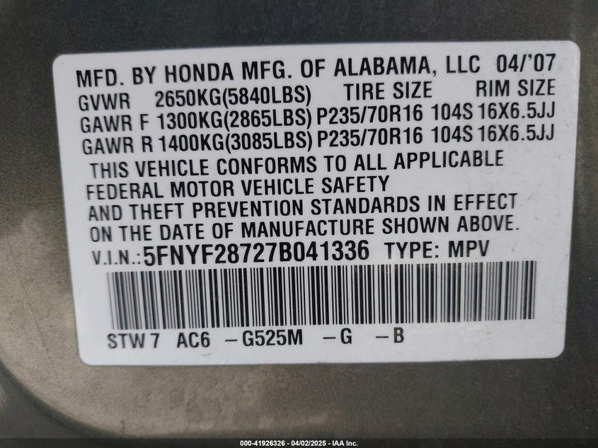 2007 HONDA PILOT VIN: 5FNYF28727B041336