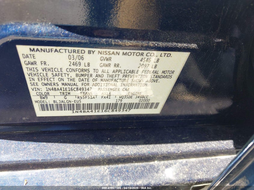 2006 NISSAN MAXIMA VIN: 1N4BA41E16C849347