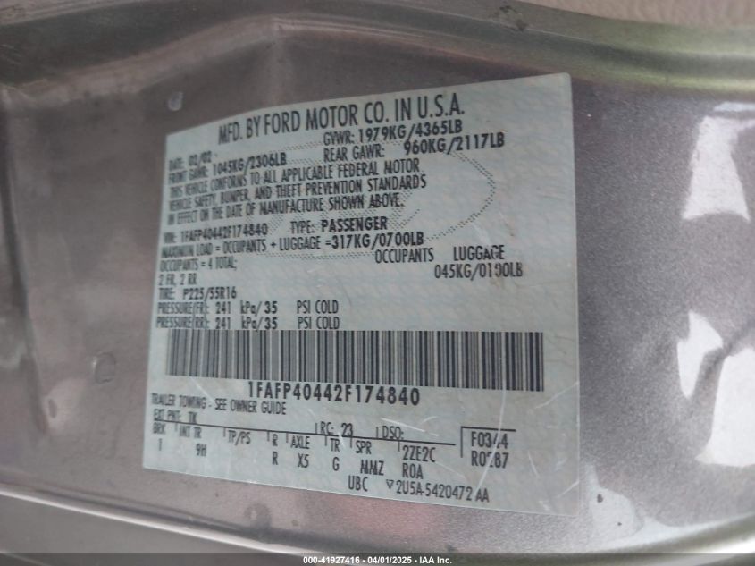 2002 Ford Mustang VIN: 1FAFP40442F174840 Lot: 41927416