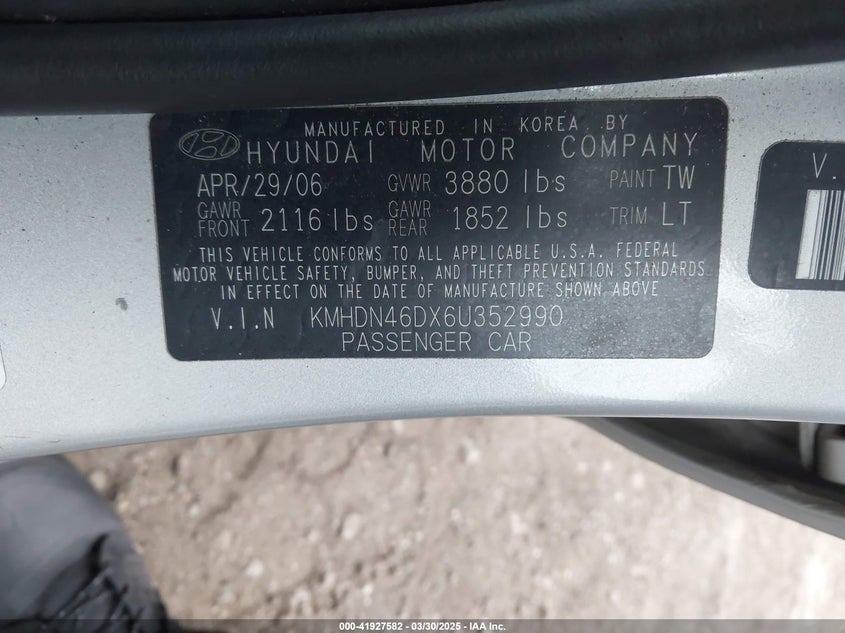 2006 HYUNDAI ELANTRA VIN: KMHDN46DX6U352990
