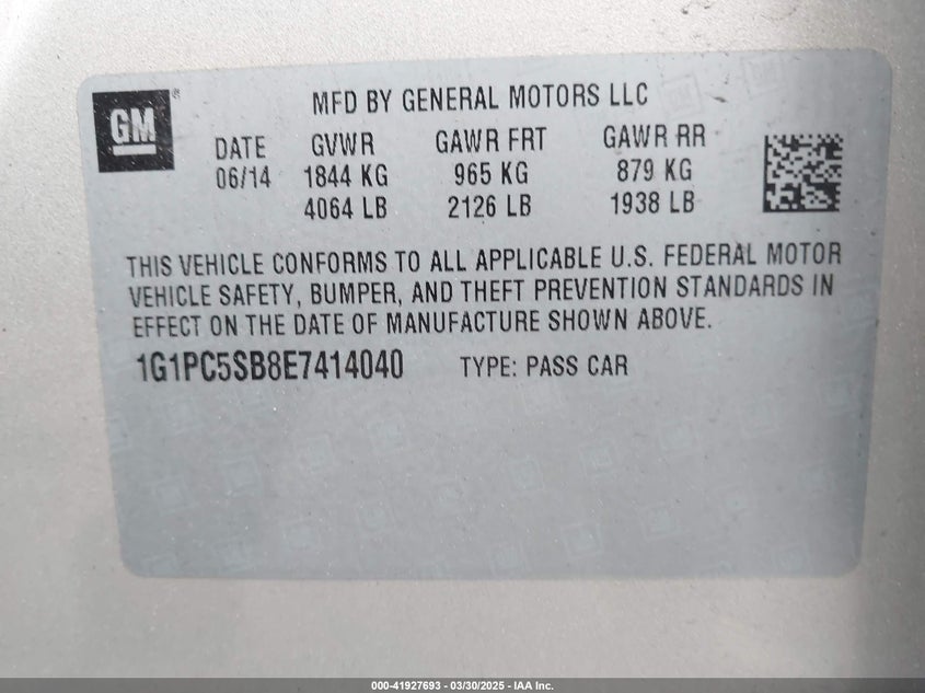 2014 CHEVROLET CRUZE VIN: 1G1PC5SB8E7414040