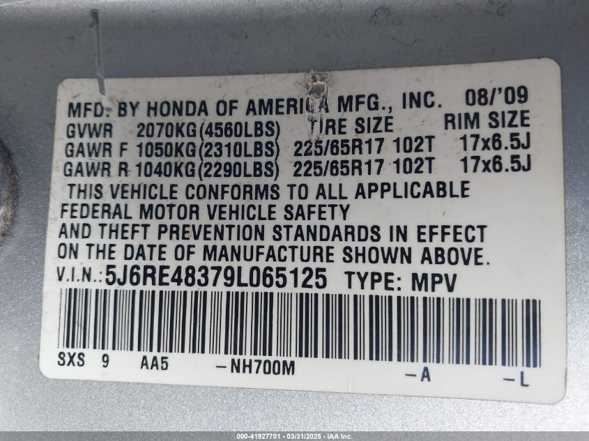 2009 Honda Cr-V Lx VIN: 5J6RE48379L065125 Lot: 41927701