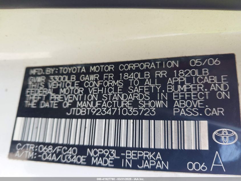 2007 Toyota Yaris VIN: JTDBT923471035723 Lot: 41927760