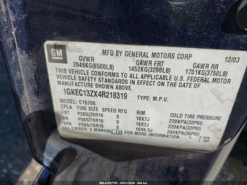 2004 GMC Yukon Slt VIN: 1GKEC13ZX4R218319 Lot: 41927761