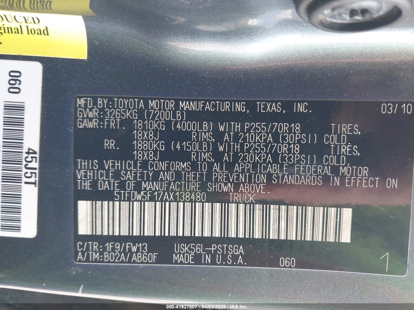 2010 TOYOTA TUNDRA VIN: 5TFDW5F17AX138480