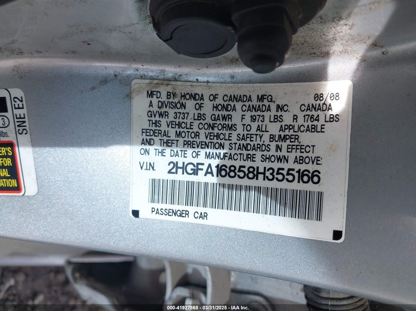 2008 HONDA CIVIC VIN: 2HGFA16858H355166