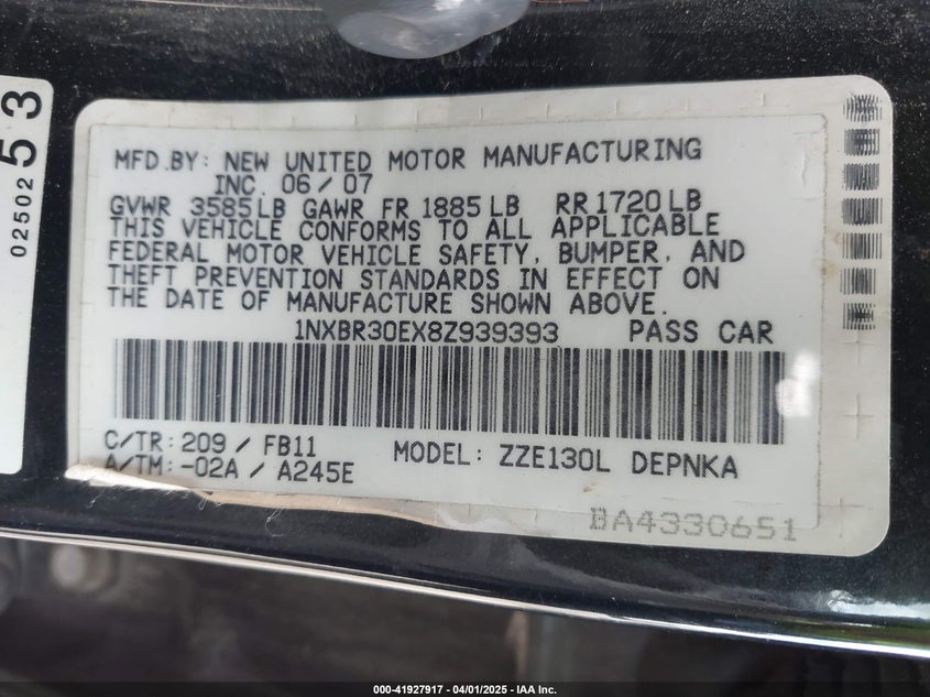 2008 TOYOTA COROLLA VIN: 1NXBR30EX8Z939393