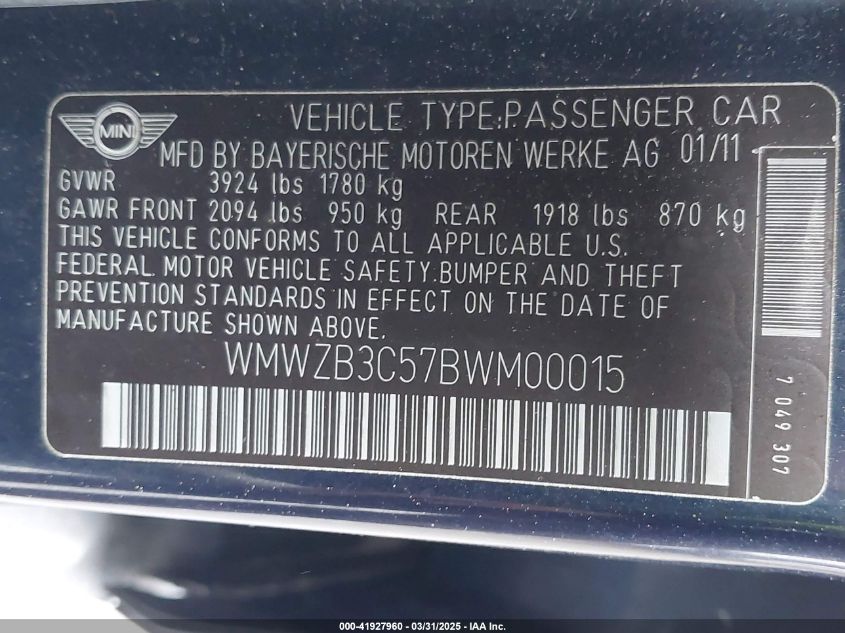 2011 Mini Cooper Countryman VIN: WMWZB3C57BWM00015 Lot: 41927960