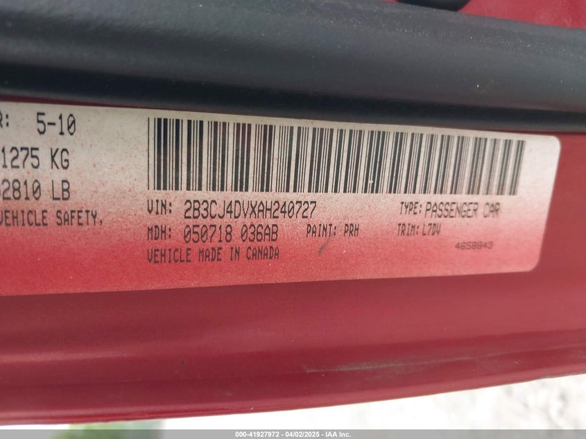 2010 DODGE CHALLENGER VIN: 2B3CJ4DVXAH240727