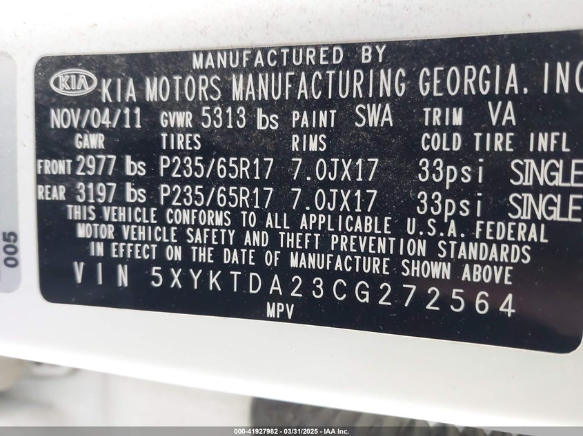 2012 KIA SORENTO VIN: 5XYKTDA23CG272564