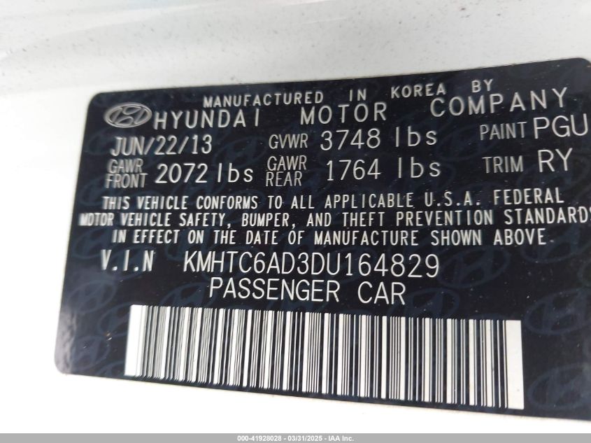 2013 Hyundai Veloster Base W/Gray VIN: KMHTC6AD3DU164829 Lot: 41928028