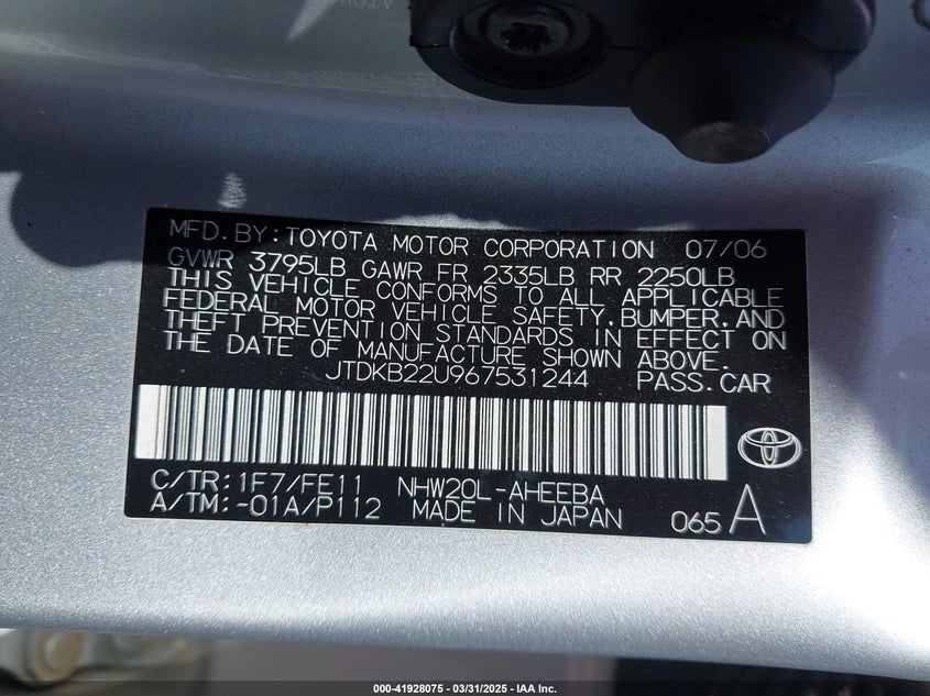 2006 TOYOTA PRIUS VIN: JTDKB22U967531244