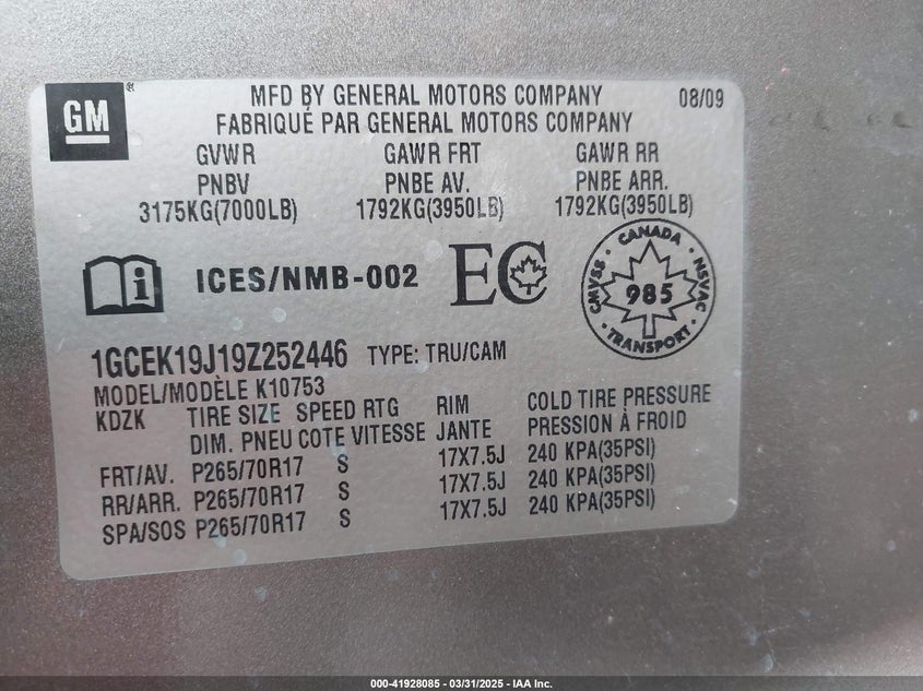 2009 CHEVROLET SILVERADO 1500 VIN: 1GCEK19J19Z252446
