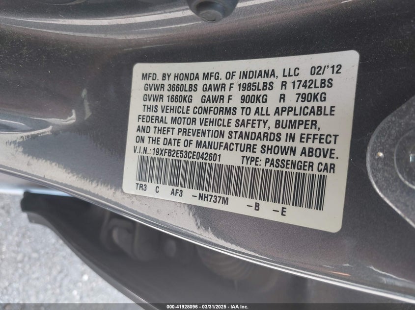 2012 HONDA CIVIC VIN: 19XFB2E53CE042601
