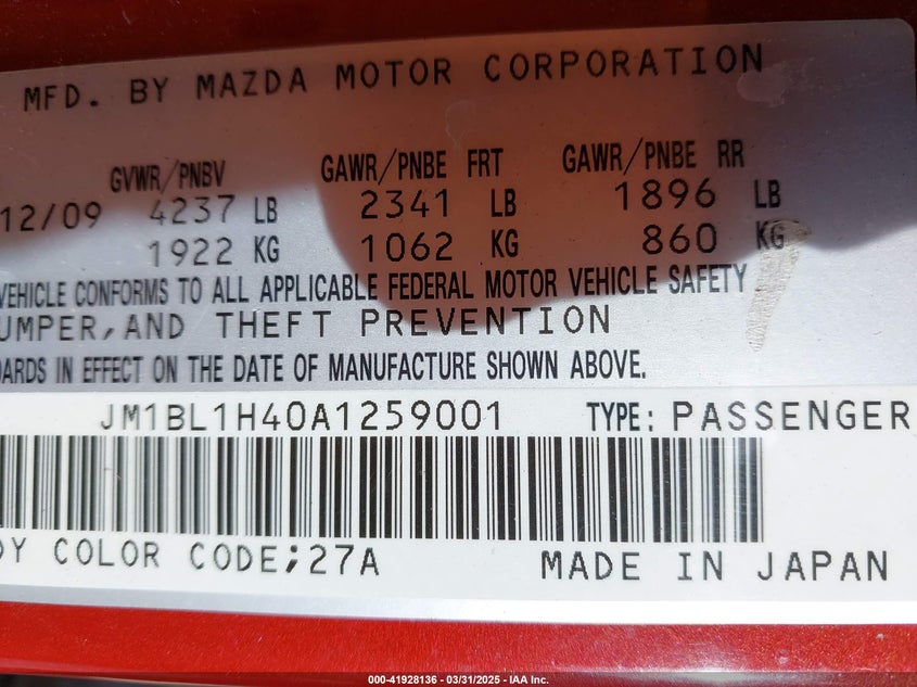 2010 MAZDA MAZDASPEED3 VIN: JM1BL1H40A1259001