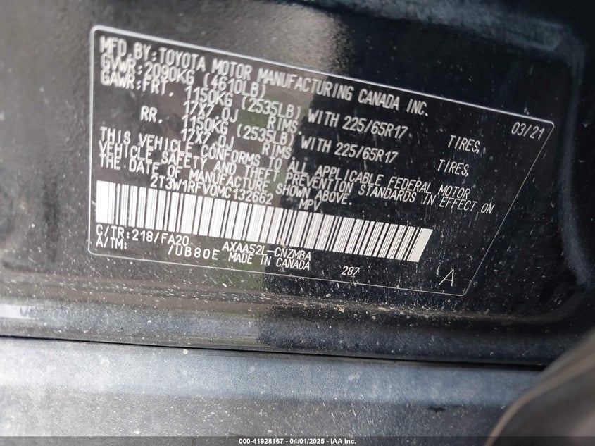 VIN 2T3W1RFV0MC132662 2021 TOYOTA RAV4 XLE