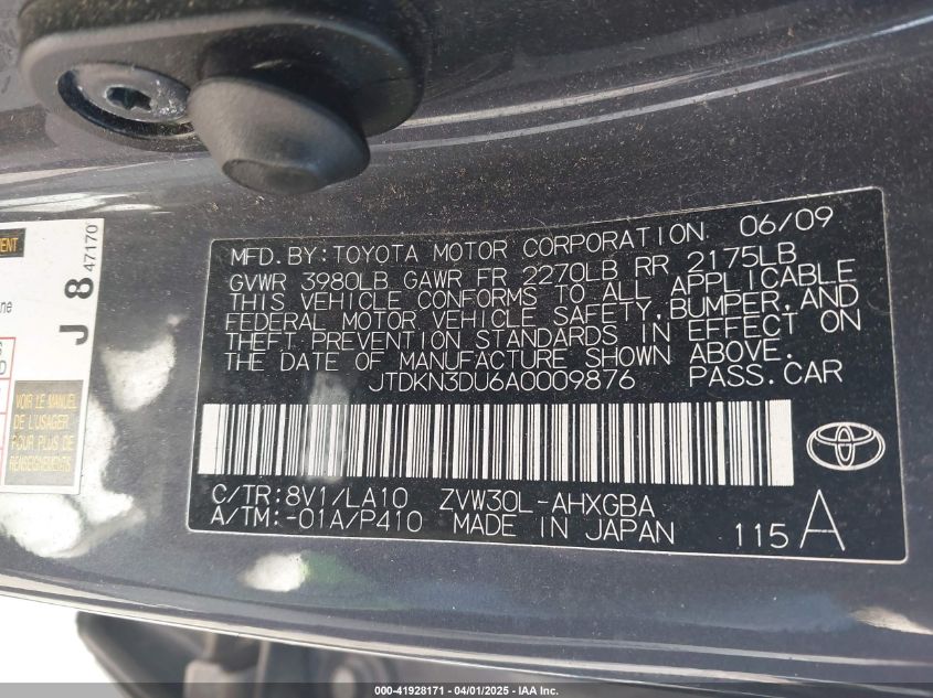 2010 Toyota Prius Iv VIN: JTDKN3DU6A0009876 Lot: 41928171