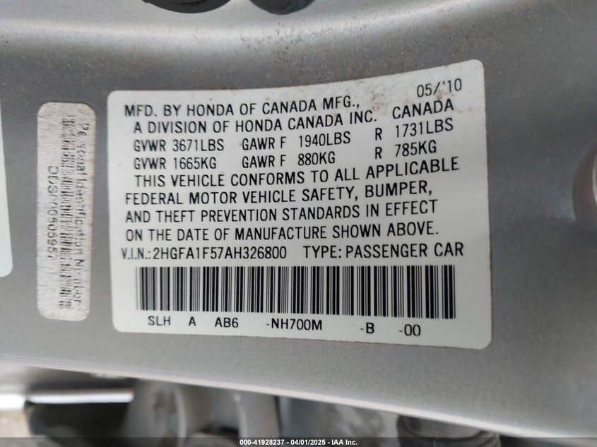 2010 HONDA CIVIC VIN: 2HGFA1F57AH326800