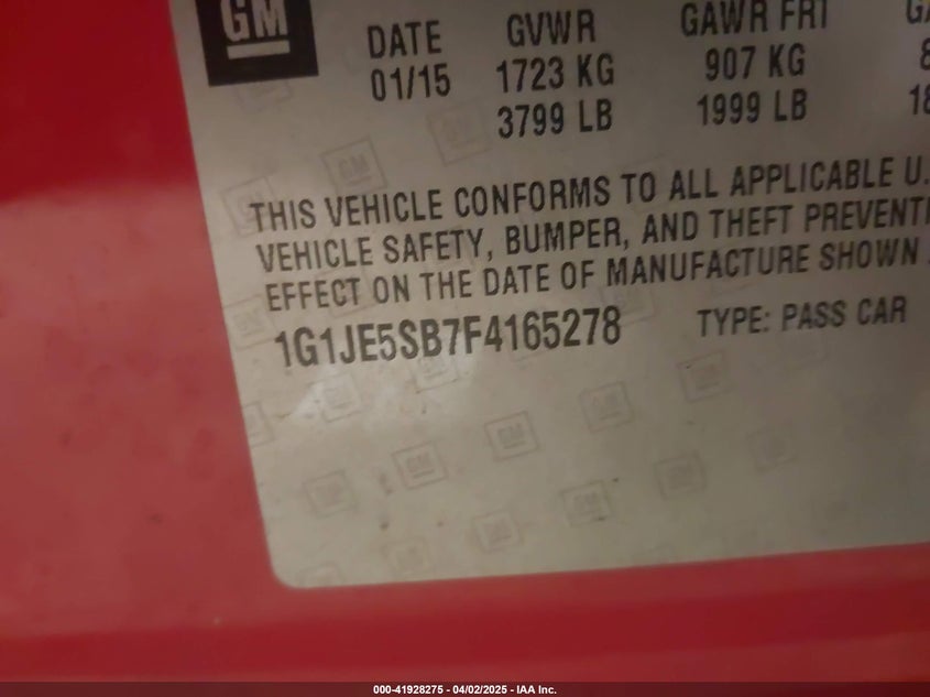2015 CHEVROLET SONIC VIN: 1G1JE5SB7F4165278