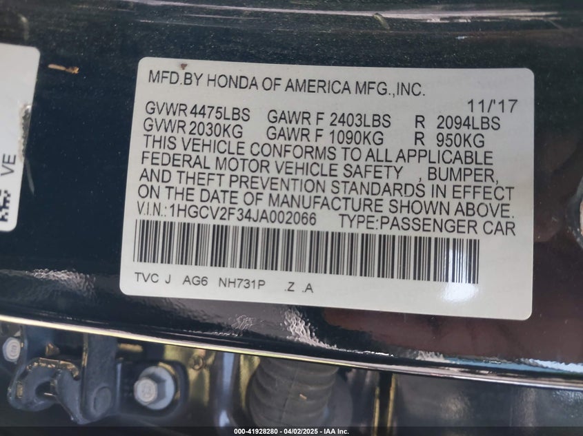 VIN 1HGCV2F34JA002066 2018 HONDA ACCORD SPORT 2.0T