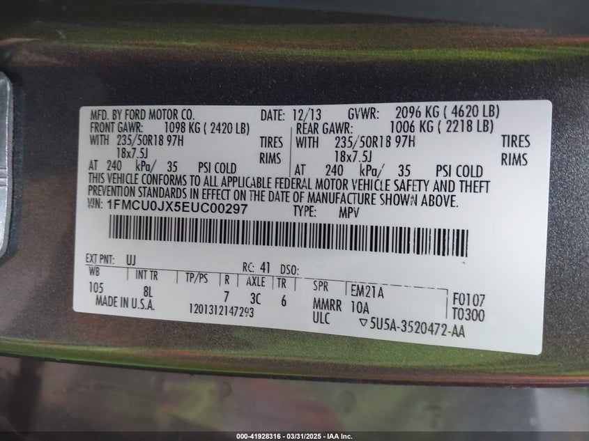 2014 FORD ESCAPE VIN: 1FMCU0JX5EUC00297