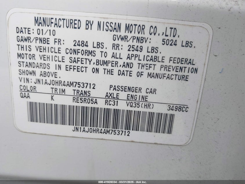 2010 INFINITI EX35 VIN: JN1AJ0HR4AM753712