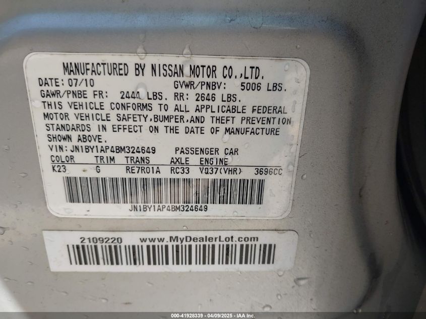 2011 Infiniti M37 VIN: JN1BY1AP4BM324649 Lot: 41928339